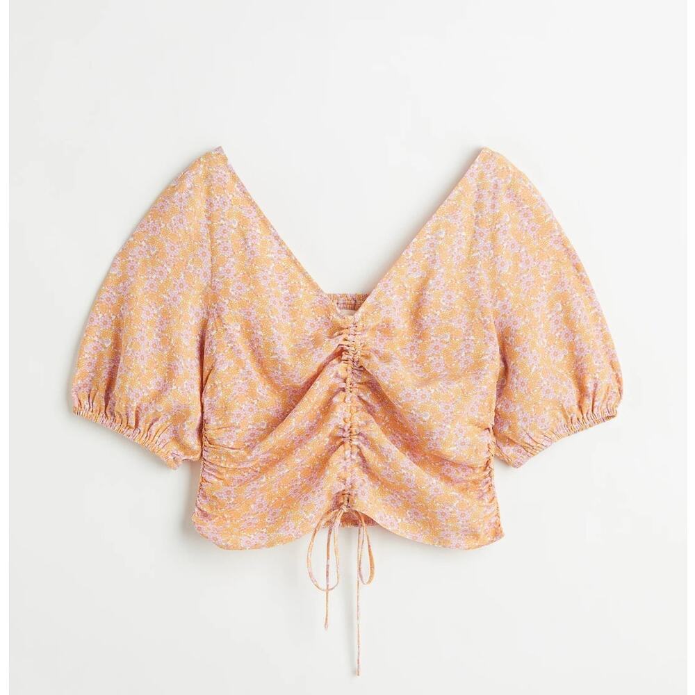 H&M Orange Pink Floral V-Neck Drawstring Blouse Ruched Smocked Top Size Large